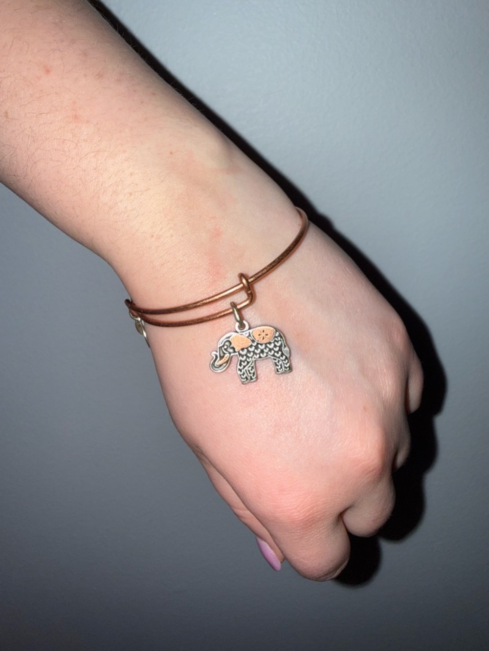 Alex and Ani Rose Gold Elephant Charm Bangle with Silver Elephant Accent